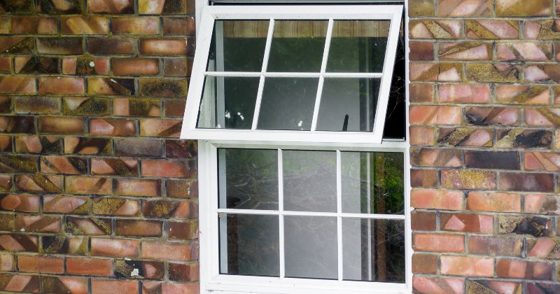 A top hung or awning casement window installed on a house with meticulously designed bricks