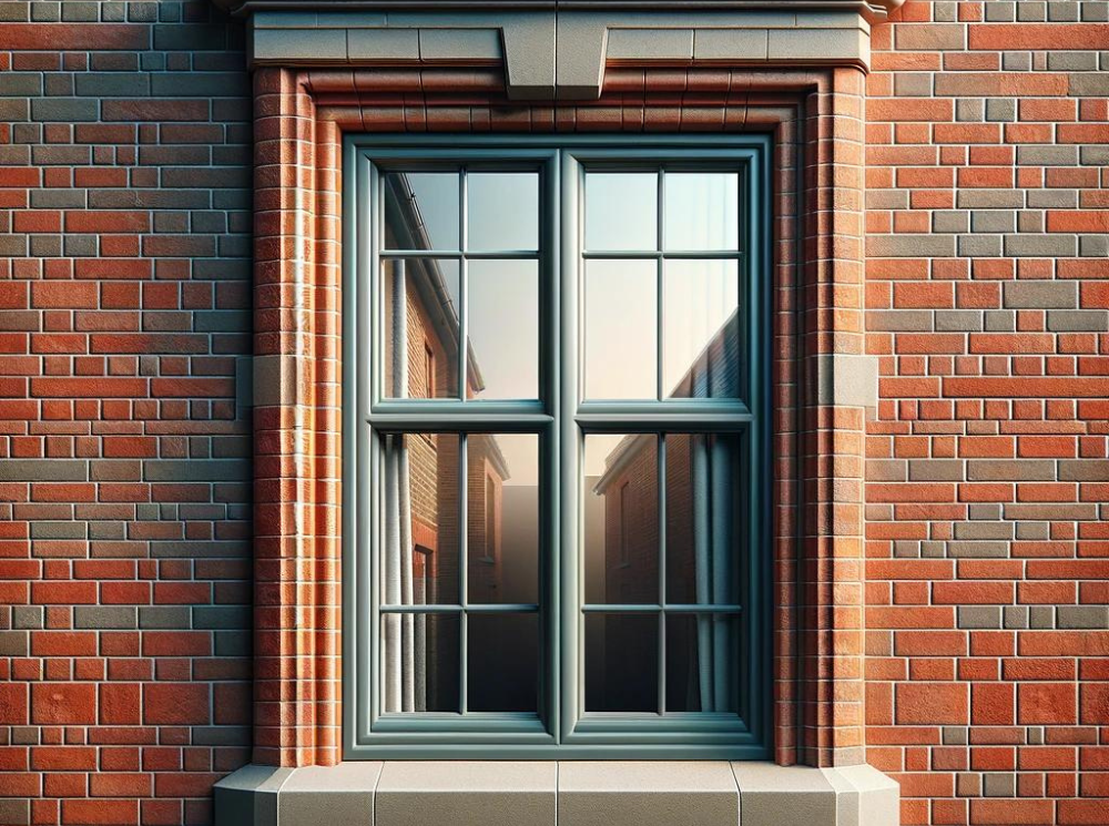 Close-up of an Agate Grey casement window against a red brick finish