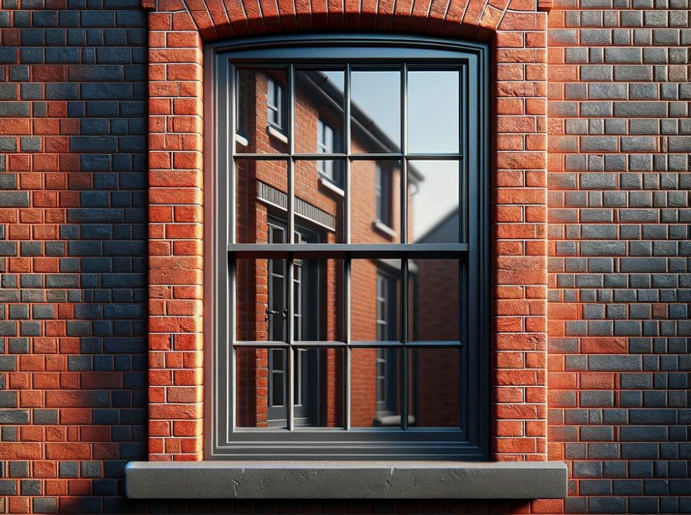 Close-up of an Anthracite Grey casement window against a red brick finish