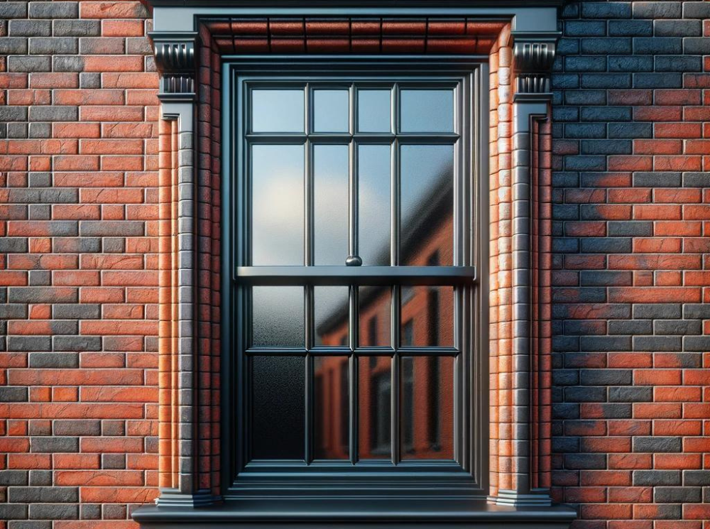 Close-up of a black casement window against a red brick finish