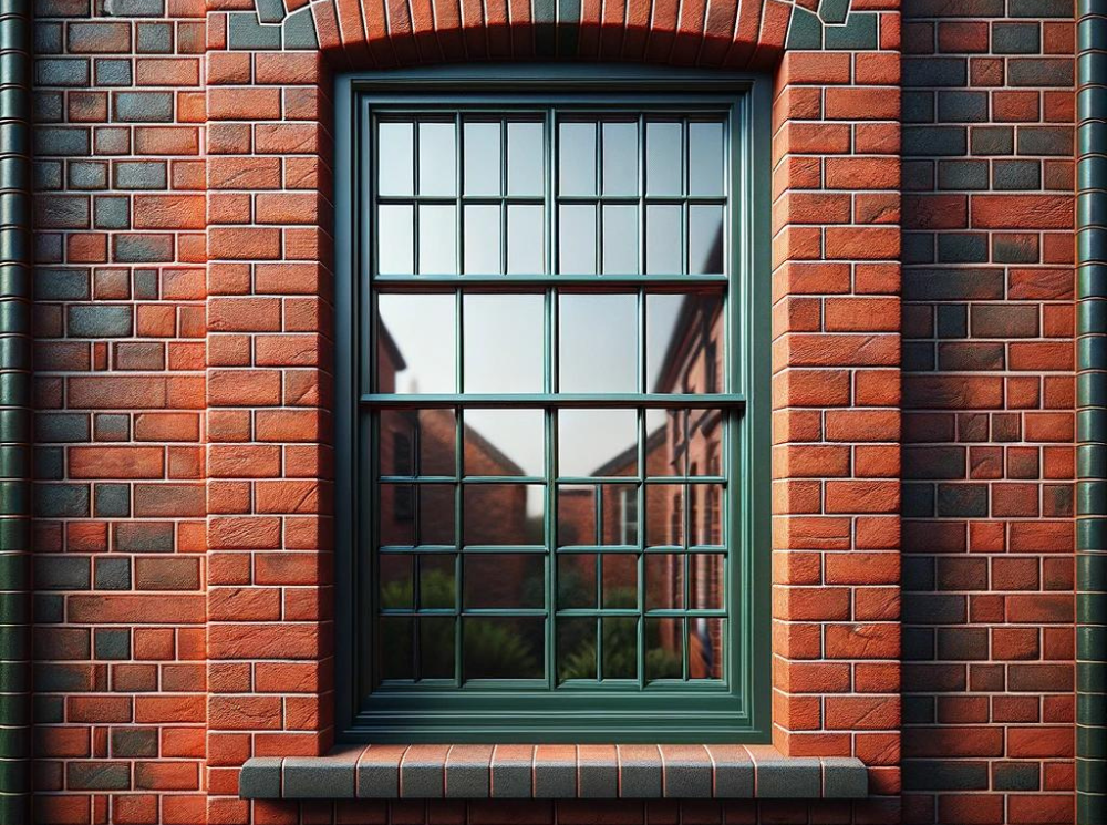 Close-up of a dark green casement window against a red brick finish