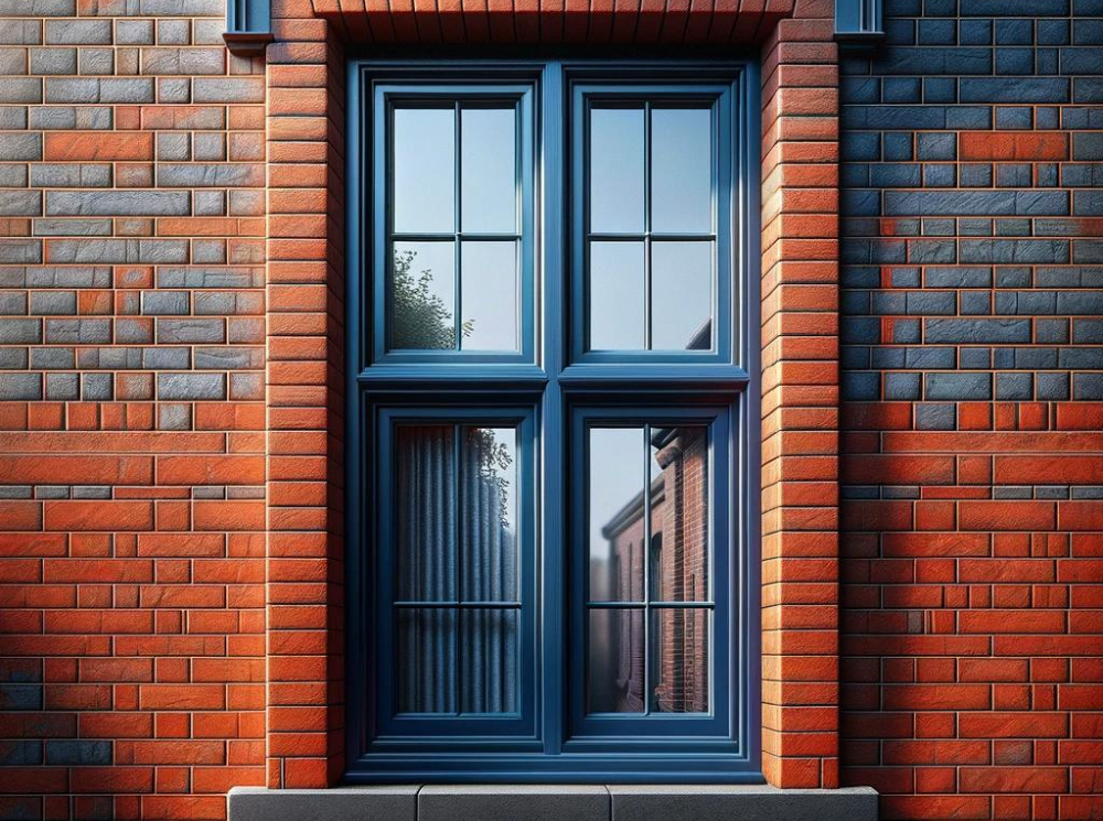 Close-up of a navy blue casement window against a red brick finish