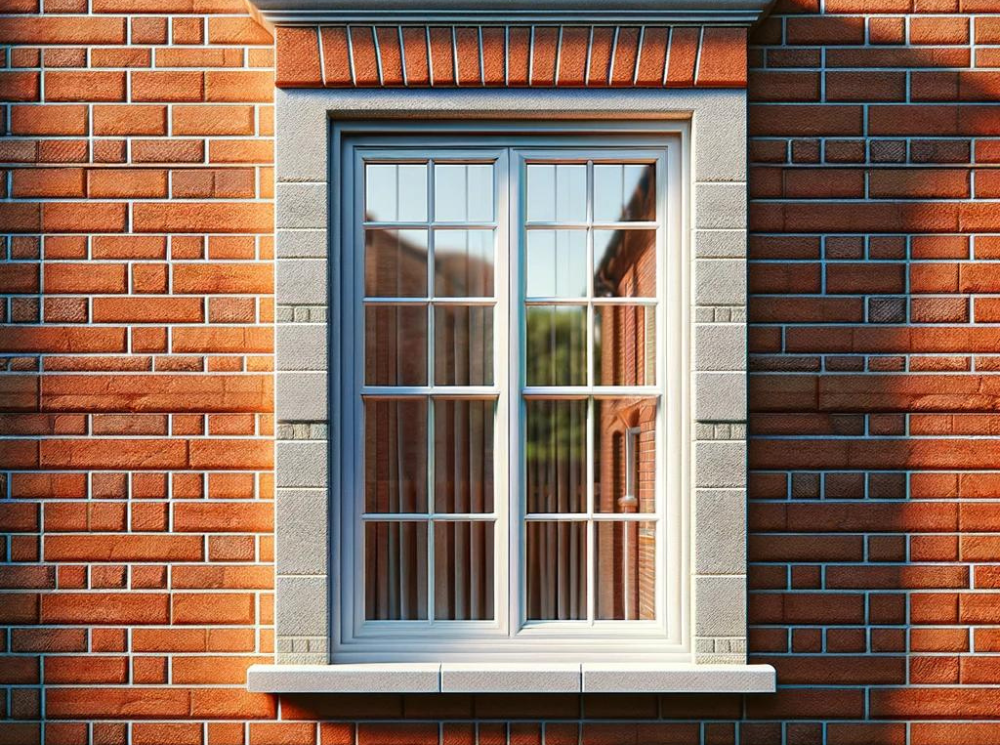 Close-up of a white casement window against a red brick finish