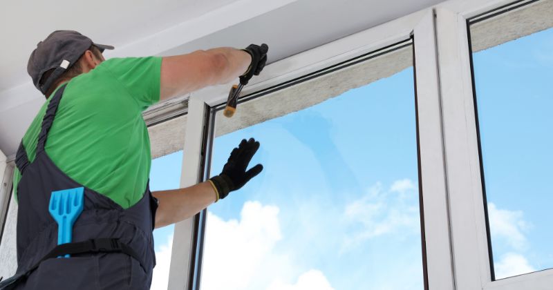 Skilled man fitting white-framed window on a cloudy day.