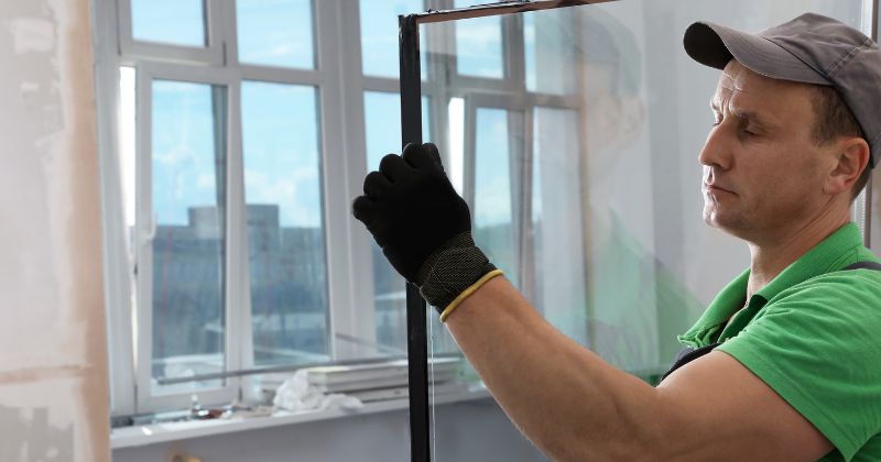Man holding a double glazed window.