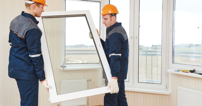 Two experts lifting a single glazed window for installation.