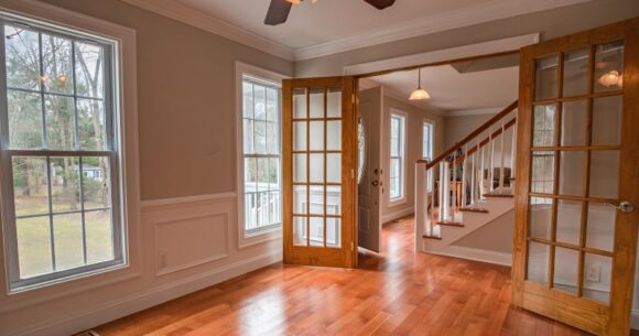 House interior with wooden door frames installed.