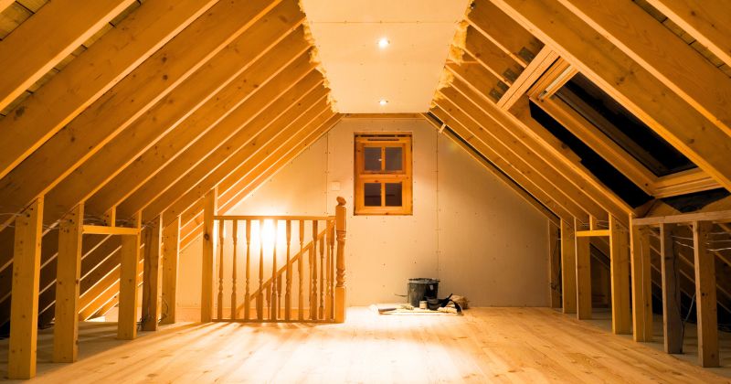 Attic room with timber wooden accents.